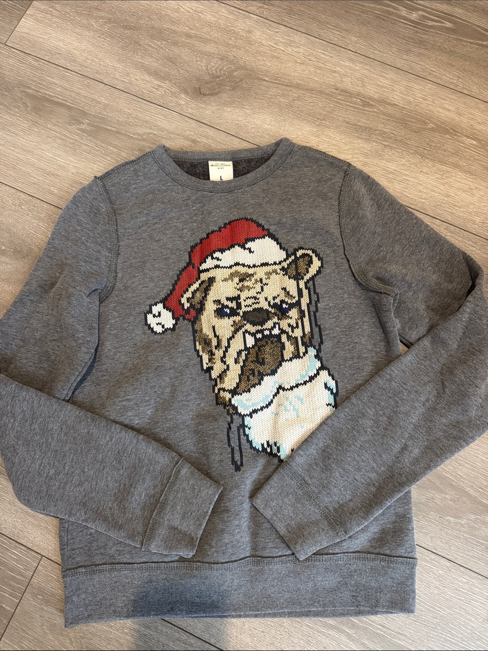 abercrombie kids Gray Crewneck Sweatshirt with Bulldog in Santa Hat